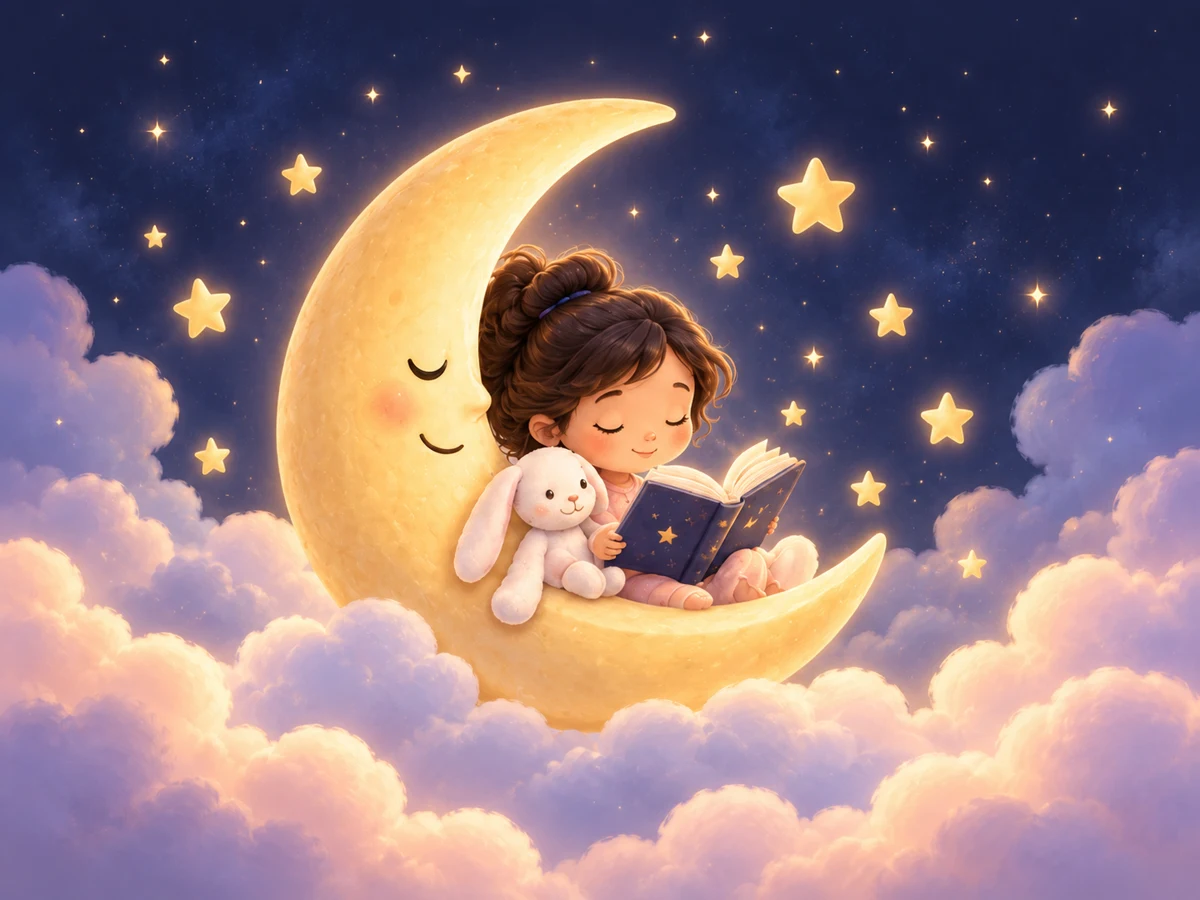 A girl reading on a golden moon, with her little rabbit among clouds and stars.
